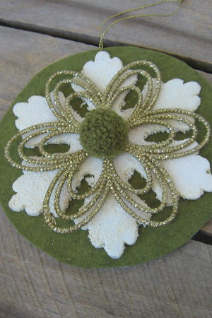 Upcycled Sage Green and Gold Snowflake Ornament