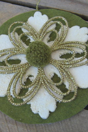 Upcycled Sage Green and Gold Snowflake Ornament