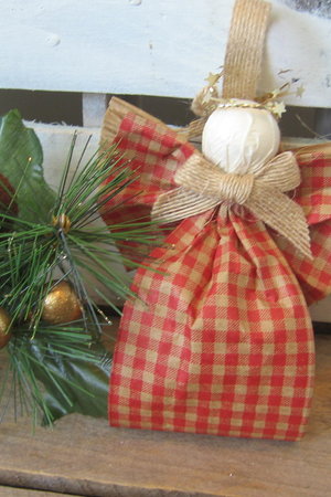 Primitive Orange and Tan Plaid Hanging Angel Ornament