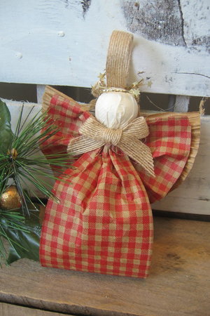 Primitive Orange and Tan Plaid Hanging Angel Ornament