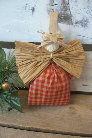Primitive Orange and Tan Plaid Hanging Angel Ornament