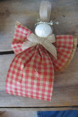 Primitive Orange and Tan Plaid Hanging Angel Ornament