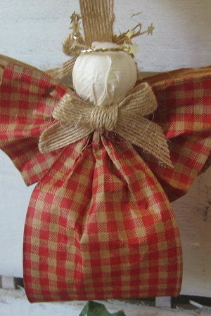 Primitive Orange and Tan Plaid Hanging Angel Ornament