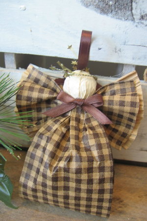 Primitive Brown and Tan Plaid Hanging Angel Ornament