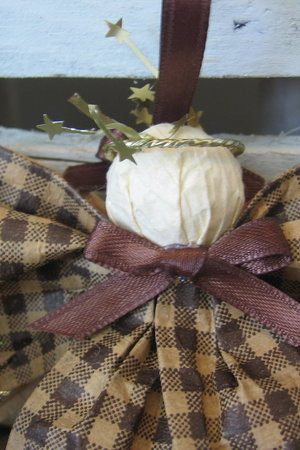 Primitive Brown and Tan Plaid Hanging Angel Ornament