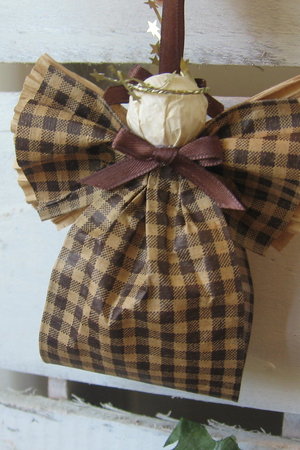 Primitive Brown and Tan Plaid Hanging Angel Ornament