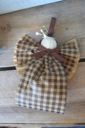 Primitive Brown and Tan Plaid Hanging Angel Ornament