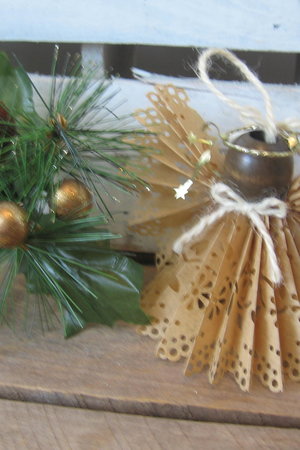 Primitive Handcrafted Brown Paper Lace Ribbon Hanging Angel Ornament