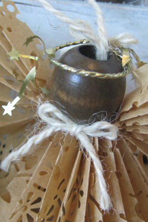 Primitive Handcrafted Brown Paper Lace Ribbon Hanging Angel Ornament