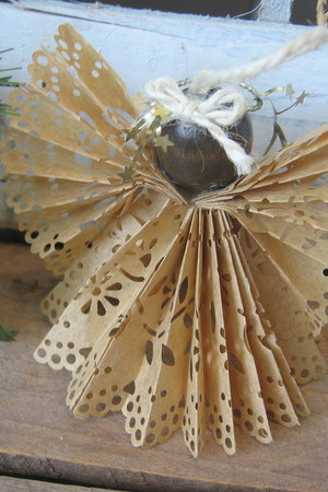 Primitive Handcrafted Brown Paper Lace Ribbon Hanging Angel Ornament