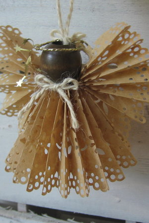 Primitive Handcrafted Brown Paper Lace Ribbon Hanging Angel Ornament