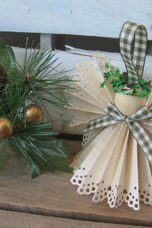 Primitive Handcrafted Beige Paper Lace Ribbon Hanging Angel Ornament