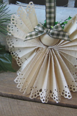 Primitive Handcrafted Beige Paper Lace Ribbon Hanging Angel Ornament