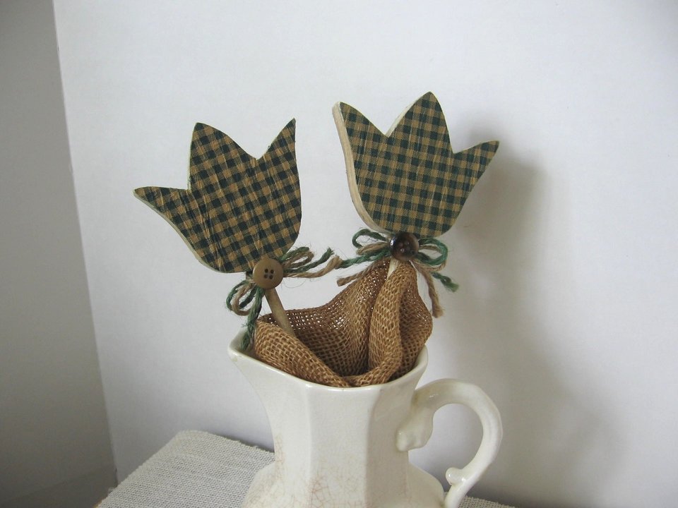 Gingham Plaid Flower Plant Stake Primitive Poke