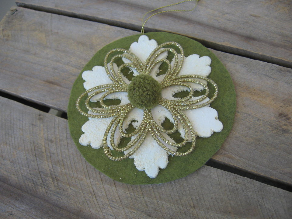 Upcycled Sage Green and Gold Snowflake Ornament