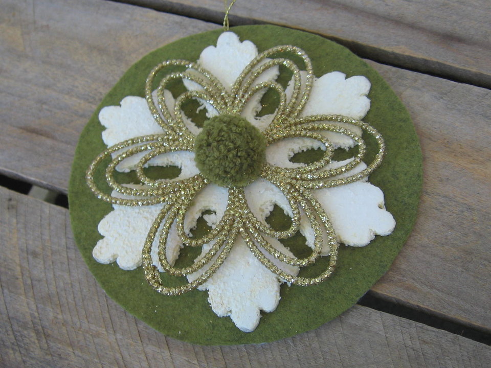 Upcycled Sage Green and Gold Snowflake Ornament