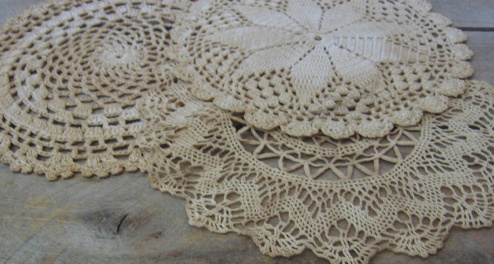 Set of 3 Coffee Stained Primitive Doilies