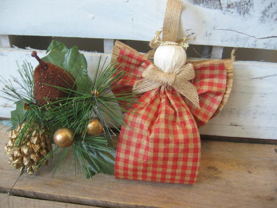 Primitive Orange and Tan Plaid Hanging Angel Ornament
