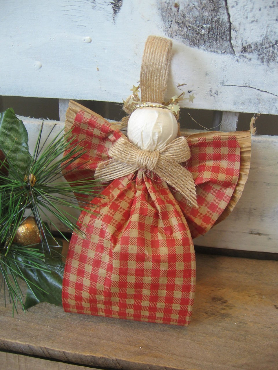 Primitive Orange and Tan Plaid Hanging Angel Ornament