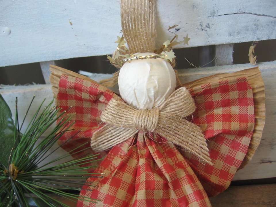 Primitive Orange and Tan Plaid Hanging Angel Ornament