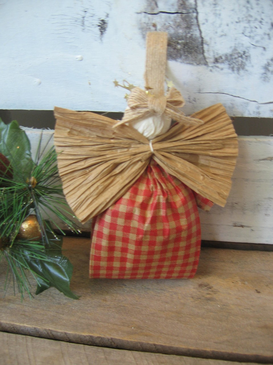 Primitive Orange and Tan Plaid Hanging Angel Ornament