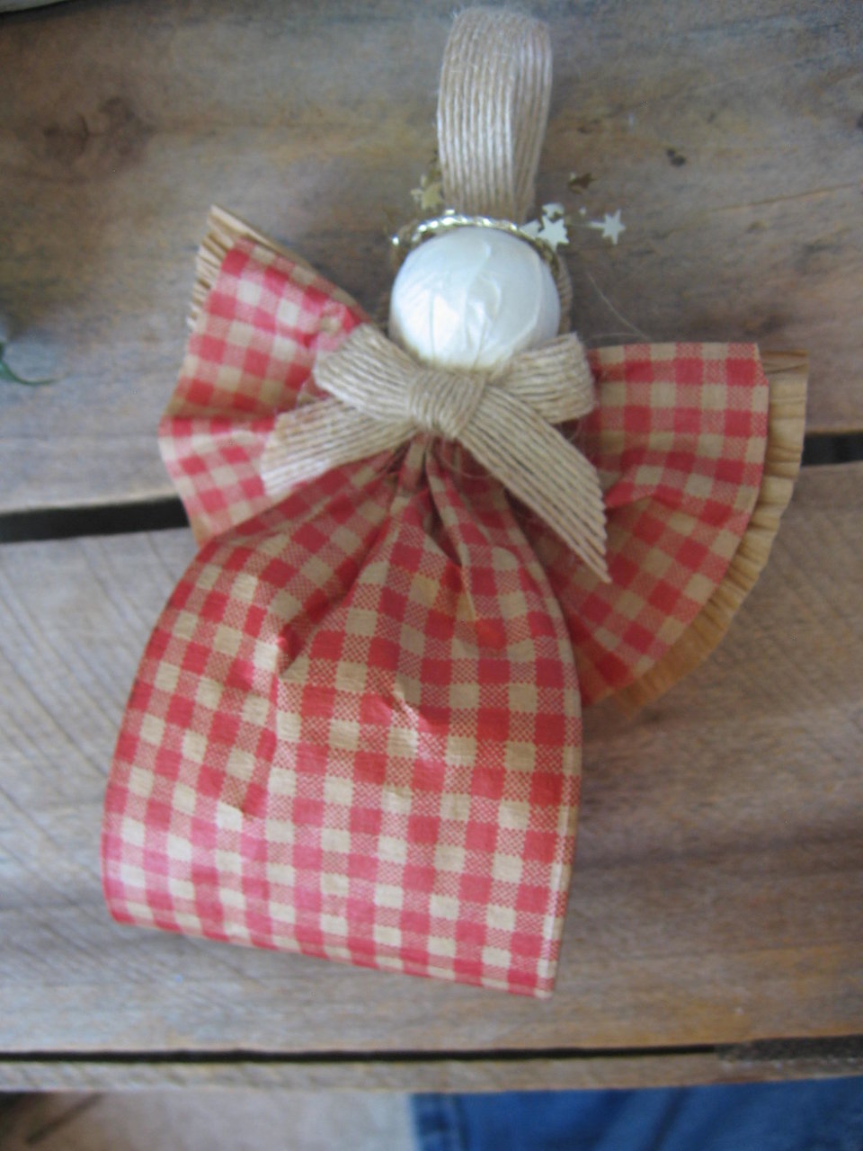 Primitive Orange and Tan Plaid Hanging Angel Ornament