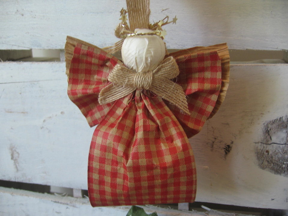 Primitive Orange and Tan Plaid Hanging Angel Ornament