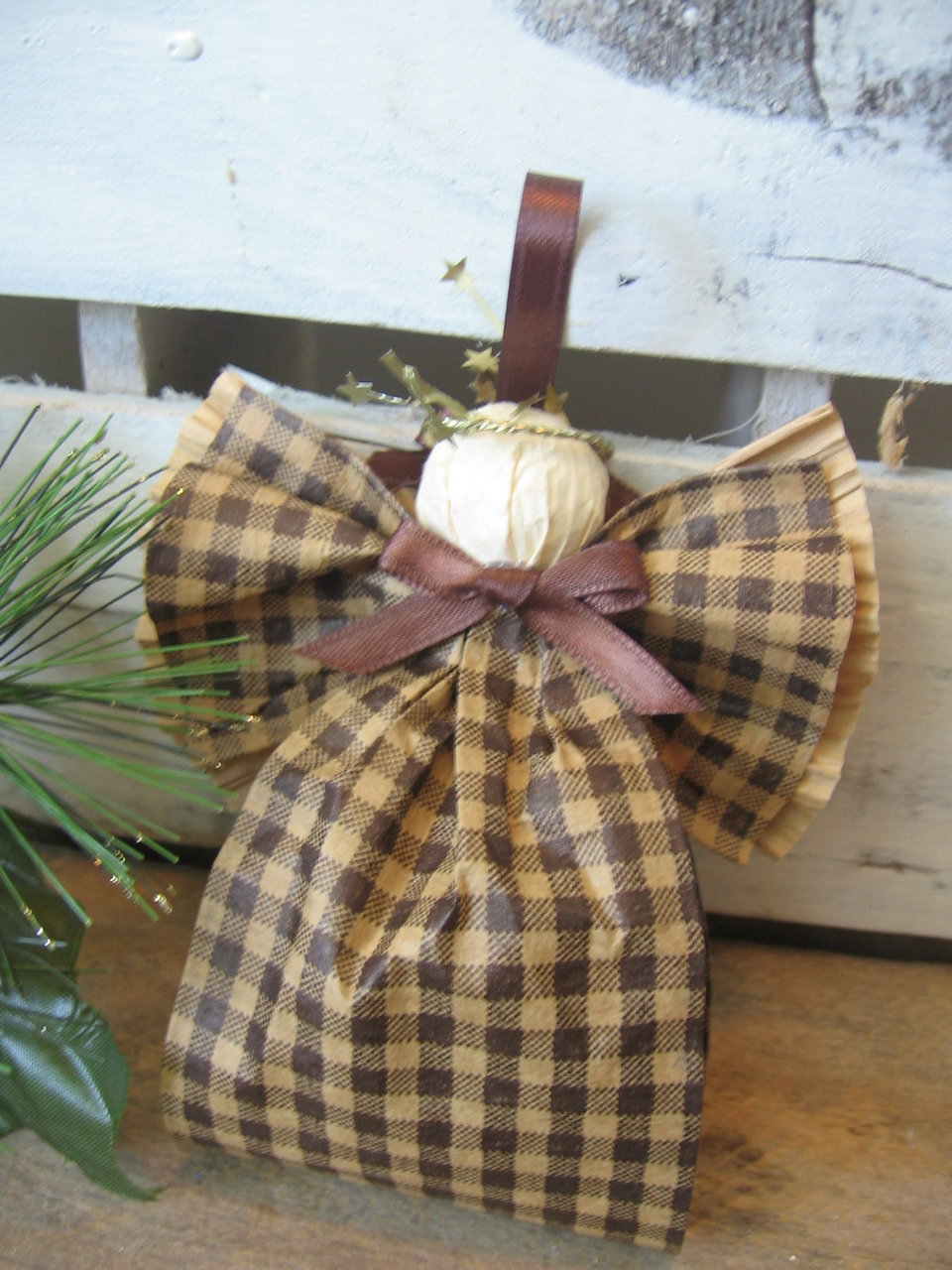 Primitive Brown and Tan Plaid Hanging Angel Ornament