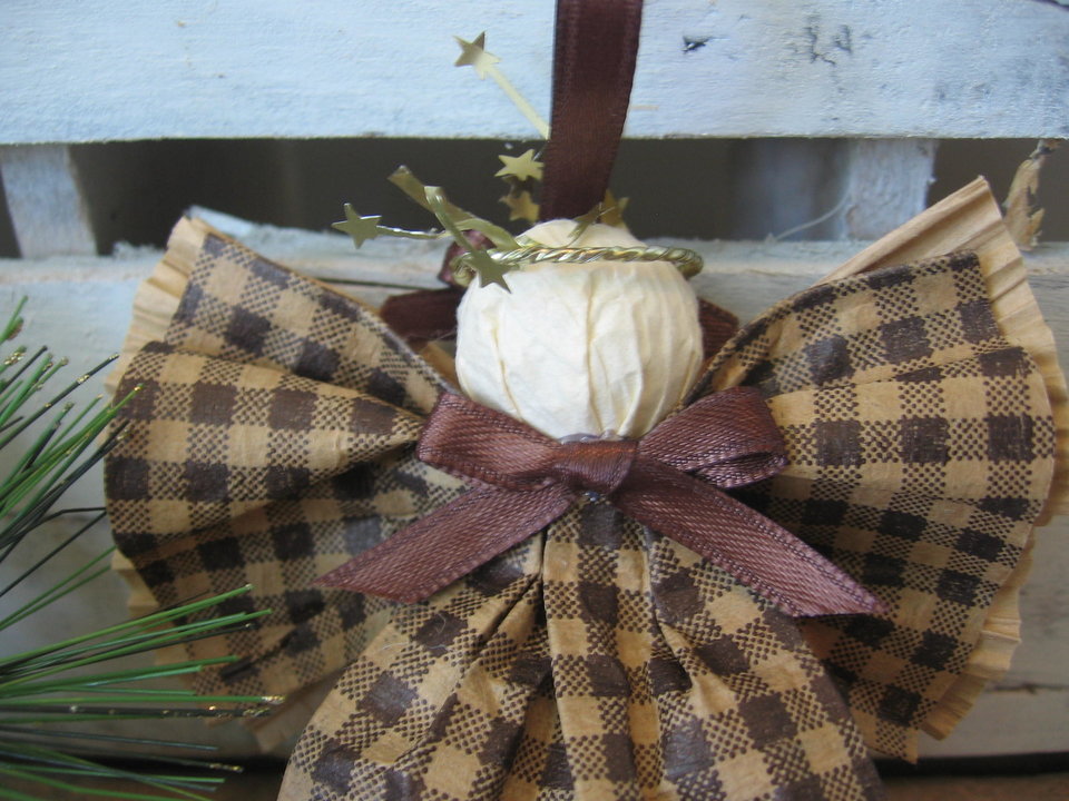 Primitive Brown and Tan Plaid Hanging Angel Ornament