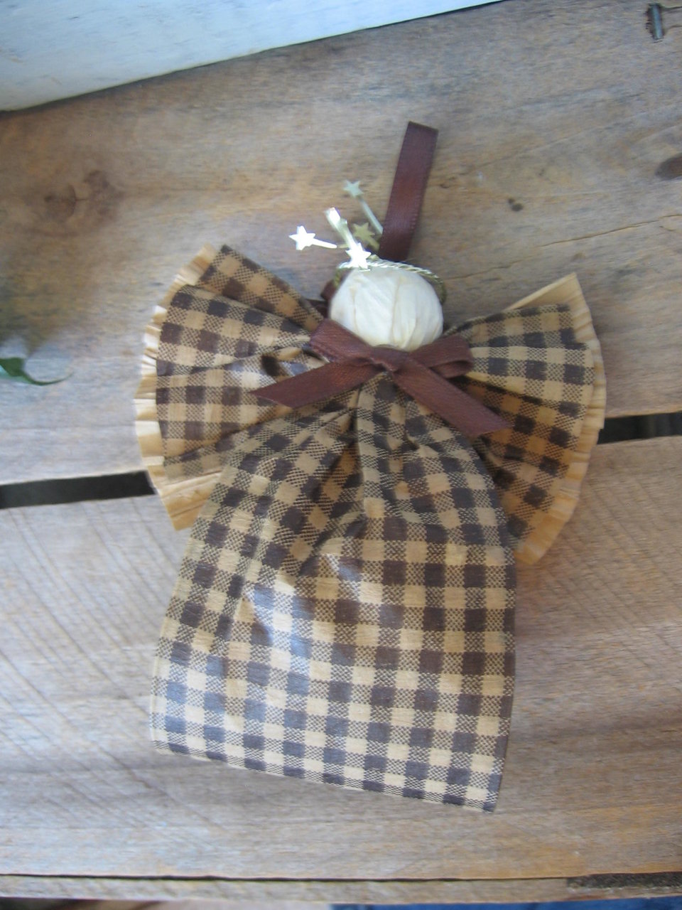 Primitive Brown and Tan Plaid Hanging Angel Ornament