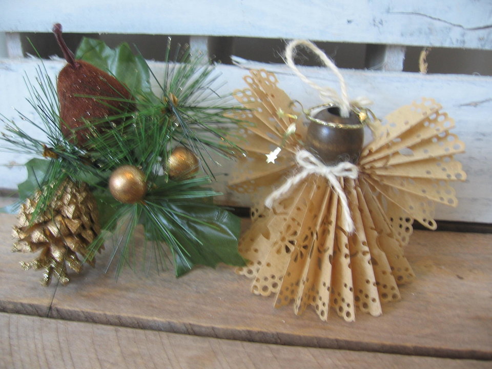 Primitive Handcrafted Brown Paper Lace Ribbon Hanging Angel Ornament