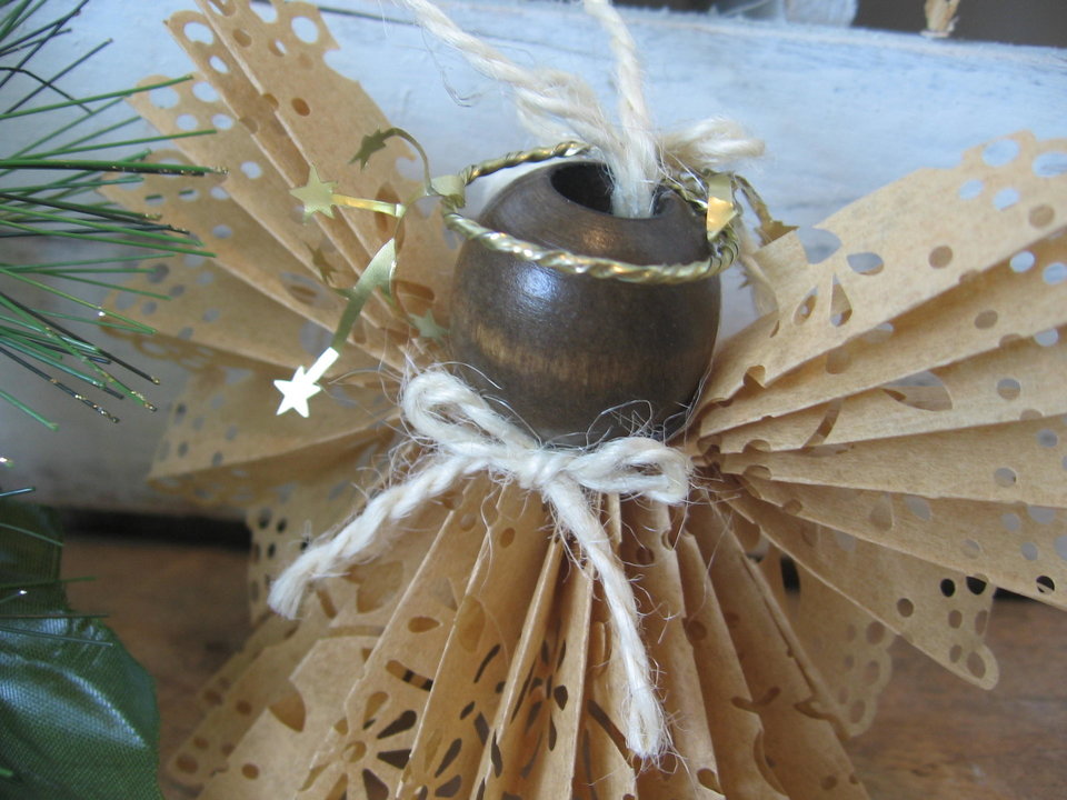 Primitive Handcrafted Brown Paper Lace Ribbon Hanging Angel Ornament