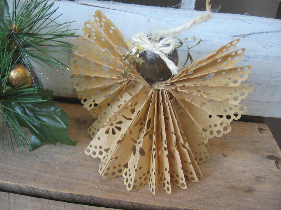 Primitive Handcrafted Brown Paper Lace Ribbon Hanging Angel Ornament