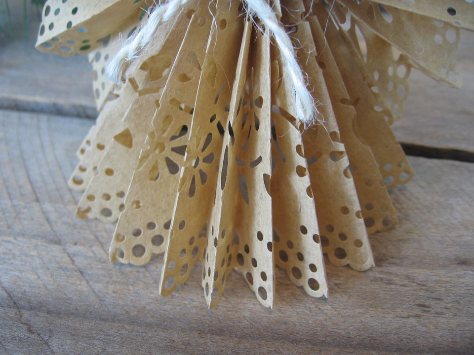 Primitive Handcrafted Brown Paper Lace Ribbon Hanging Angel Ornament