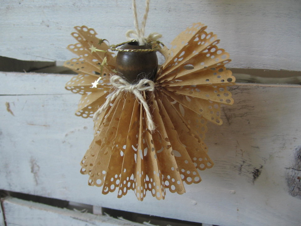 Primitive Handcrafted Brown Paper Lace Ribbon Hanging Angel Ornament