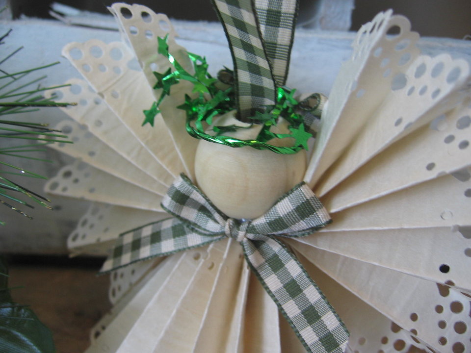 Primitive Handcrafted Beige Paper Lace Ribbon Hanging Angel Ornament