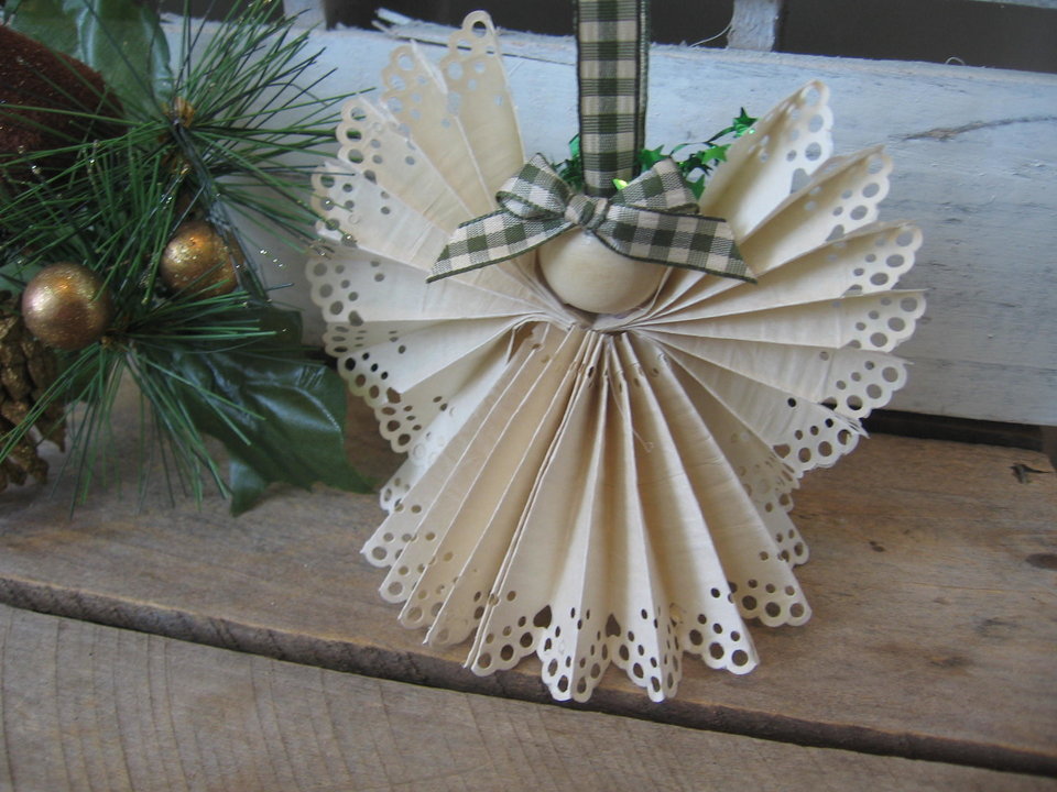 Primitive Handcrafted Beige Paper Lace Ribbon Hanging Angel Ornament