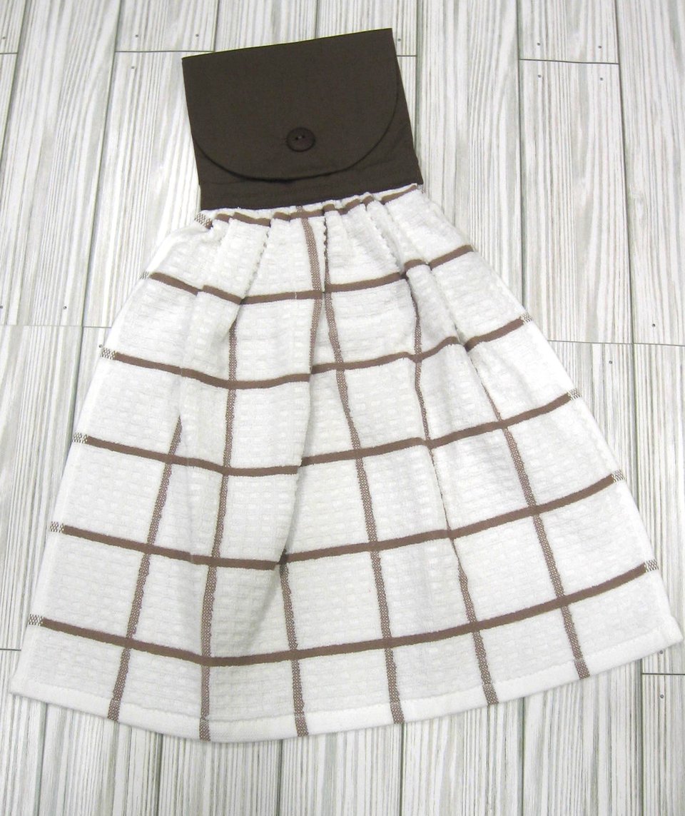 Brown and White Plaid Farmhouse Kitchen Hanging Towel